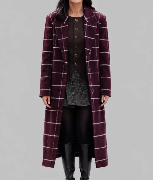Only Murders In The Building Selena Gomez Burgundy Plaid Coat - Front View