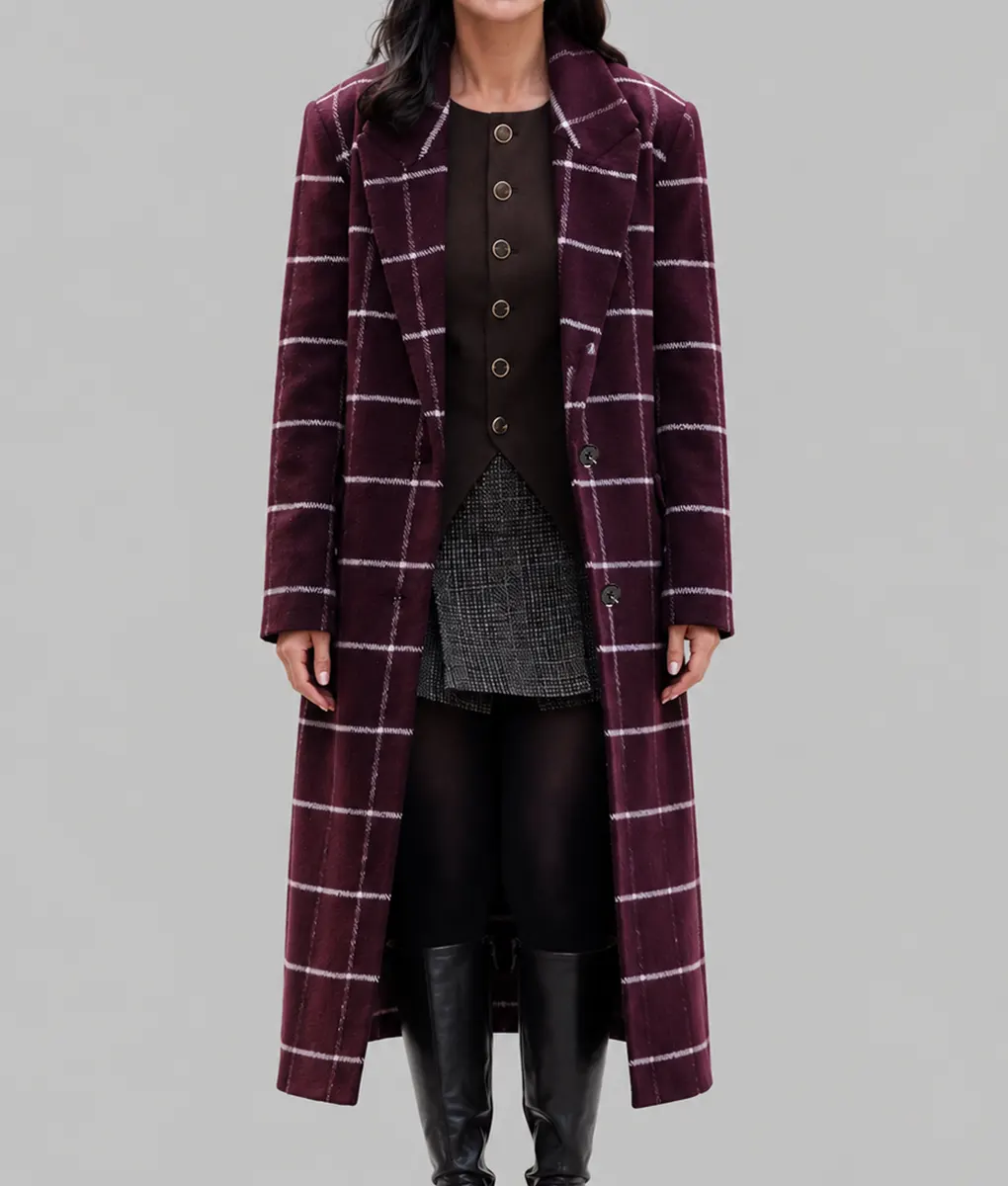 Only Murders In The Building Selena Gomez Burgundy Plaid Coat - Front View
