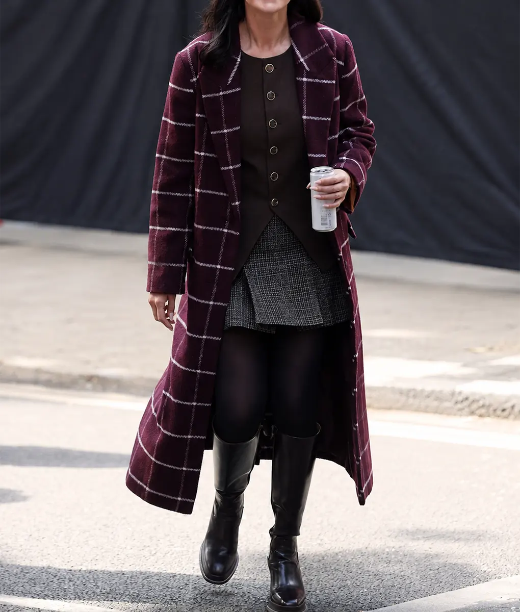 Only Murders In The Building Selena Gomez Burgundy Plaid Coat - Front