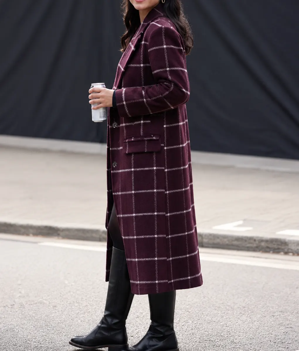 Only Murders In The Building Selena Gomez Burgundy Plaid Coat - Side