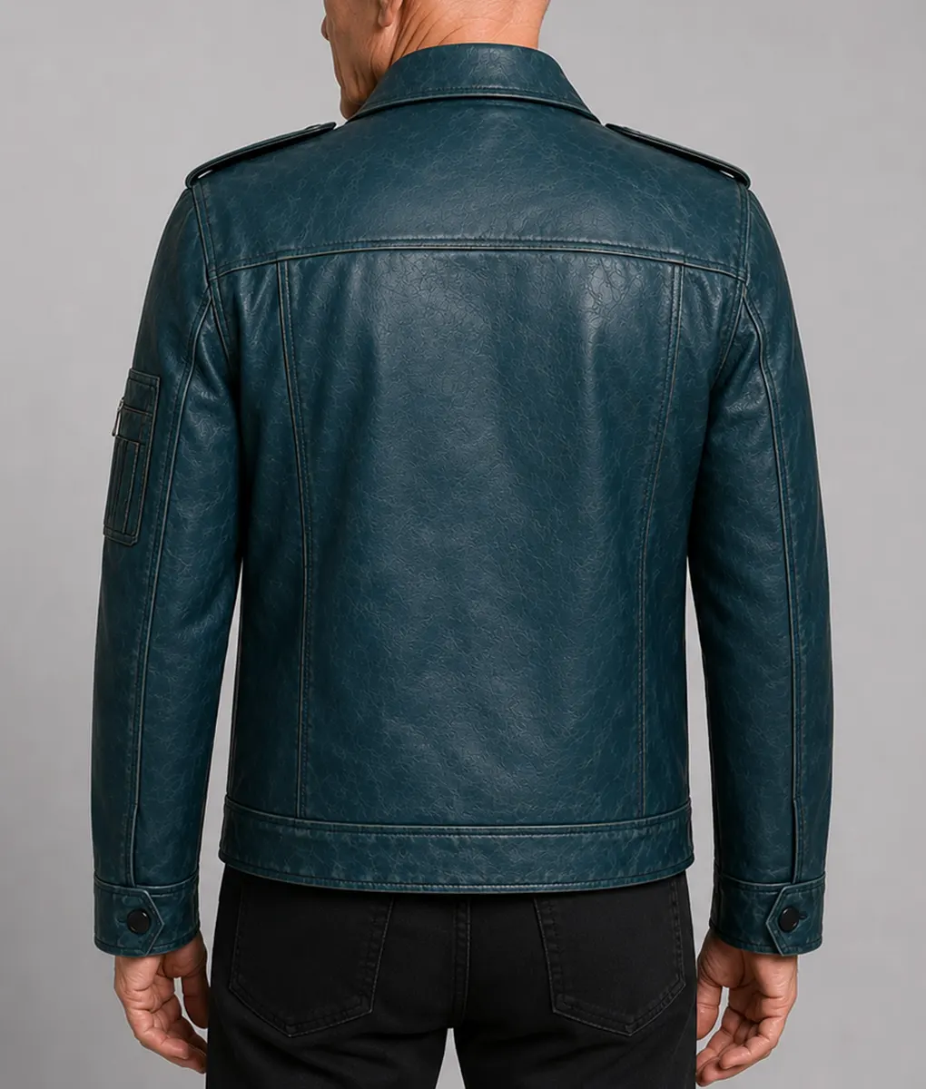 Patrick Stewart Distressed Blue Leather Jacket - Back