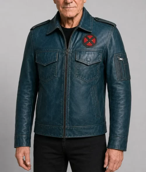 Patrick Stewart Distressed Blue Leather Jacket - Front