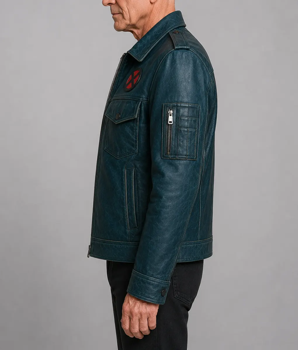 Patrick Stewart Distressed Blue Leather Jacket - Side
