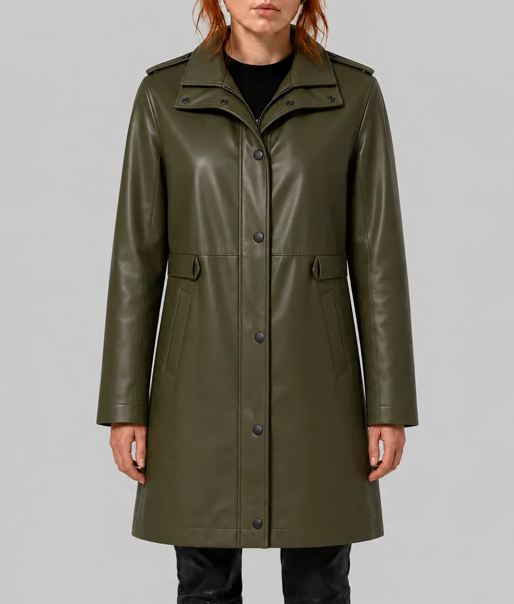 Sadie Sink Green Leather Coat - Front