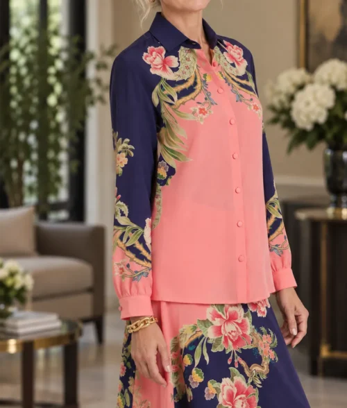 Marble Hall Murders Lesley Manville Floral Print Shirt - Front View