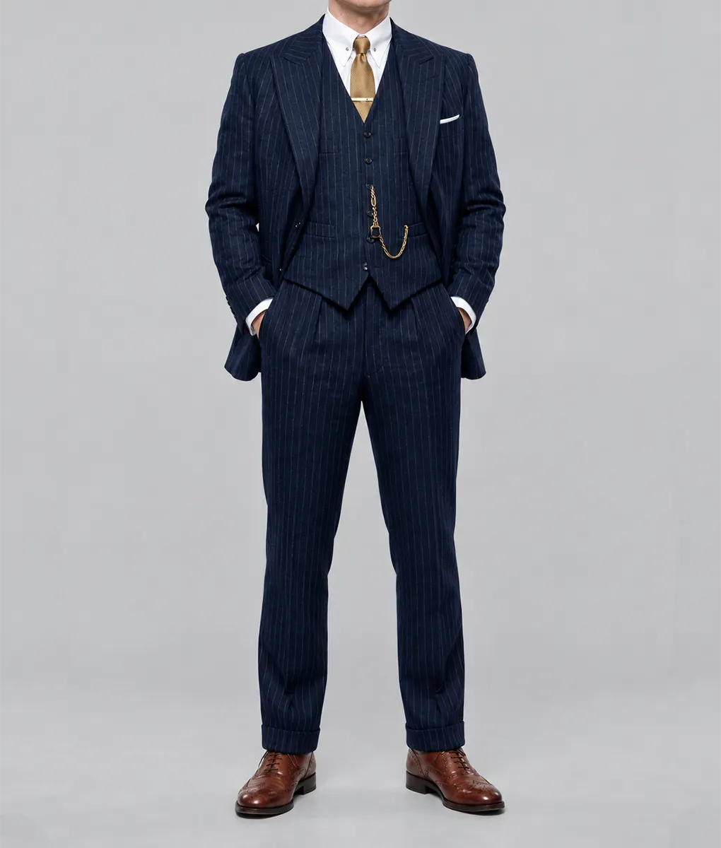 Mens Navy Blue Pinstripe 3 Pieces Suit
