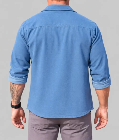 Runner Alan Ritchson Blue Cotton Shirt - Back View