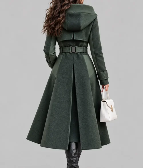 Womens 2026 Futuristic Green Hooded Trench Coat - Back
