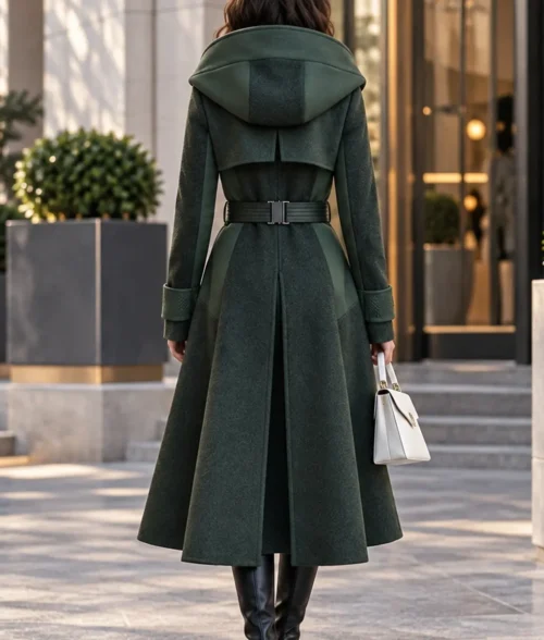 Womens 2026 Futuristic Green Hooded Trench Coat - Back View