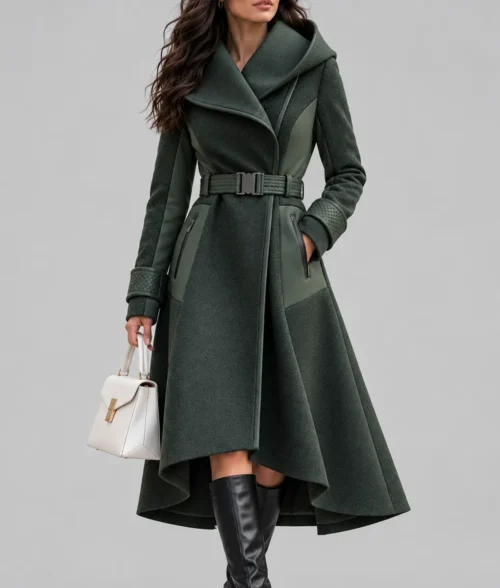 Womens 2026 Futuristic Green Hooded Trench Coat - Front