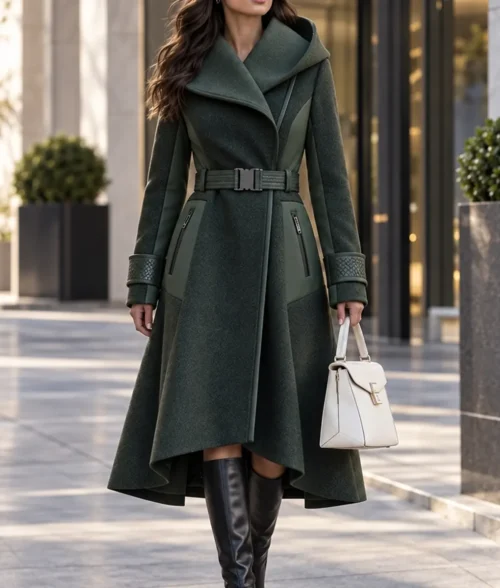 Womens 2026 Futuristic Green Hooded Trench Coat - Front View