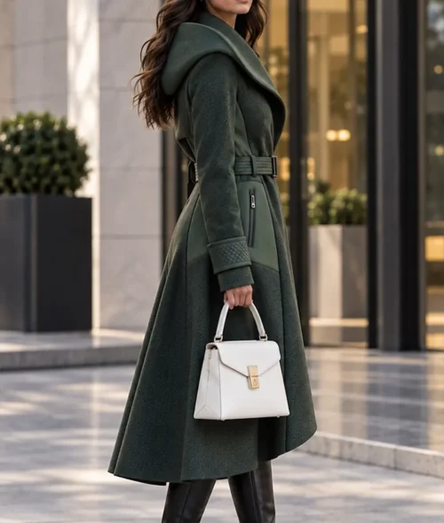 Womens 2026 Futuristic Green Hooded Trench Coat - Side View